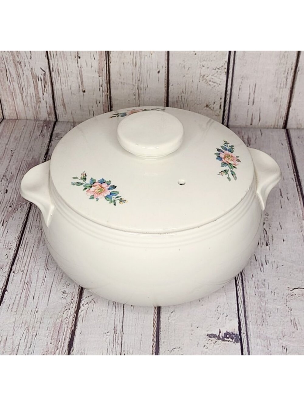 7" Vintage White Floral Porcelain Tureen Casserole Dish w/ Lid Painted Medium